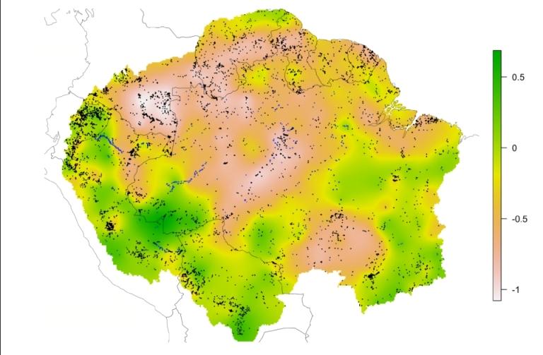 Distribuição da fertilidade solo na Amazônia estimada com base na distribuição de samambaias. A escala solos muito pouco férteis branco e rosa claro a solo m Cópia 2